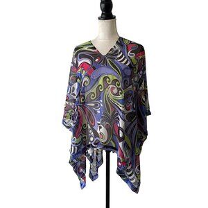Womens Sheer Chiffon Poncho Scarf Top With Abstract Swirl Print Multifunctional